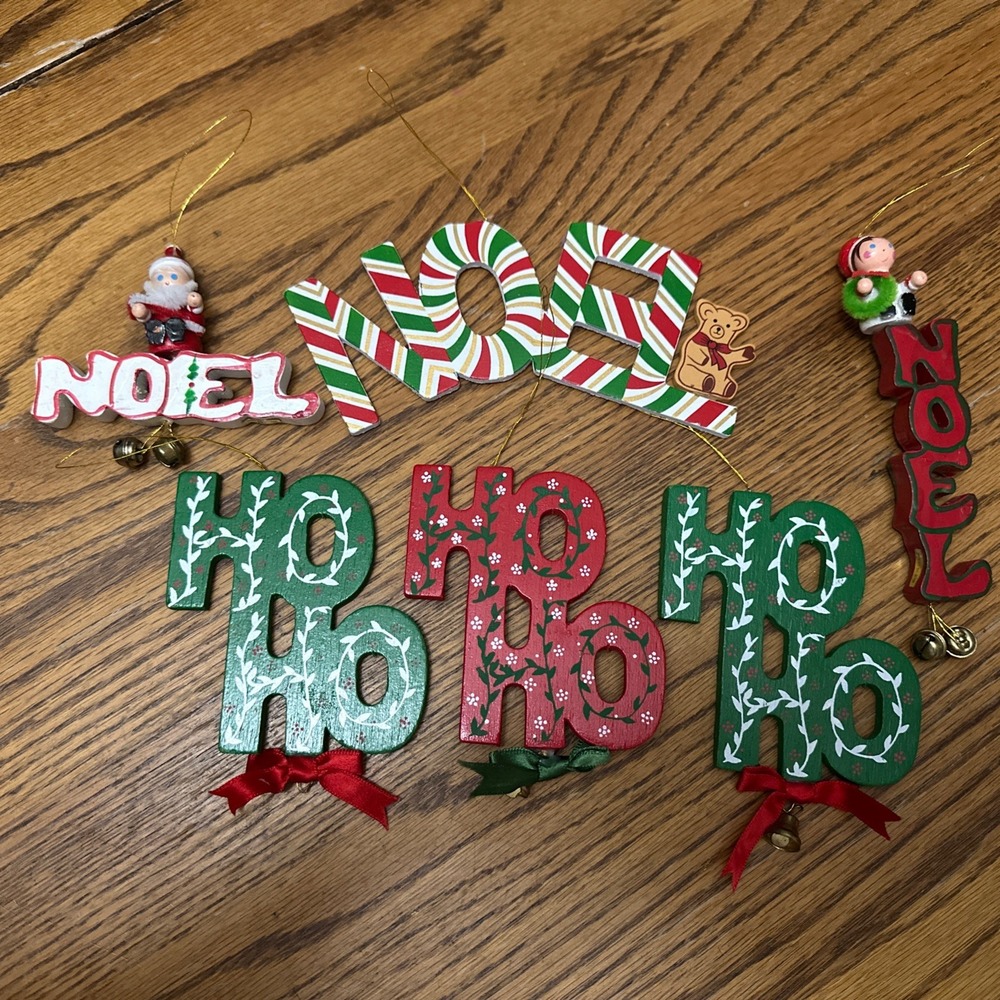 Lot Of‎ Wooden Hand Painted Made In Taiwan Christmas Ornaments Noel Ho Ho Ho VTG